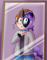 Size: 939x1200 | Tagged: safe, artist:icefire, derpibooru import, nightmare rarity, human, pony, unicorn, g4, glasses, horn, human to pony, mirror, possession, species swap, transformation, transformation sequence