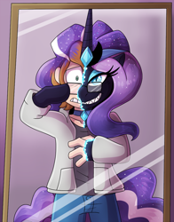 Size: 940x1200 | Tagged: safe, artist:icefire, derpibooru import, nightmare rarity, human, pony, unicorn, g4, evil grin, glasses, grin, horn, human to pony, mirror, possession, smiling, species swap, transformation, transformation sequence