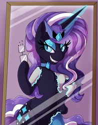 Size: 939x1200 | Tagged: safe, artist:icefire, derpibooru import, nightmare rarity, human, pony, unicorn, g4, bipedal, evil grin, glasses, grin, horn, human to pony, mirror, possession, smiling, species swap, transformation, transformation sequence