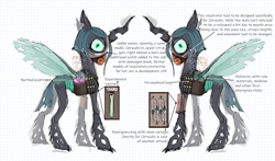 Size: 1700x1000 | Tagged: safe, artist:emptygoldstudio, derpibooru import, queen chrysalis, changeling, changeling queen, g4, alternate hairstyle, bag, bottle, face mask, female, looking at you, mask, mlp infection, saddle bag, short mane, simple background, solo, syringe, text, torn ear, vial, white background