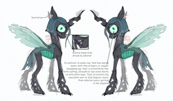 Size: 1700x1000 | Tagged: safe, alternate version, artist:emptygoldstudio, derpibooru import, queen chrysalis, changeling, changeling queen, g4, alternate hairstyle, female, looking at you, mlp infection, short mane, simple background, solo, teeth, text, torn ear, white background