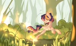 Size: 1600x962 | Tagged: safe, artist:kingdom, derpibooru import, oc, oc only, earth pony, pony, bush, forest, grass, nature, outdoors, running, smiling, solo, tree
