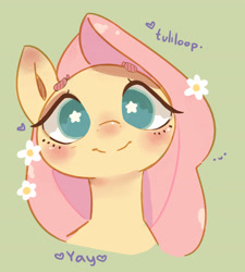 Size: 2899x3226 | Tagged: safe, artist:ponyix, derpibooru import, fluttershy, pegasus, pony, blushing, bust, cute, daaaaaaaaaaaw, female, flower, flower in hair, green background, looking at you, mare, nose blush, shyabetes, simple background, smiling, smiling at you, solo, starry eyes, wingding eyes, yay