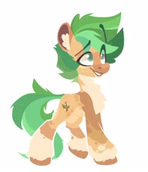 Size: 1373x1600 | Tagged: safe, alternate version, artist:kingdom, derpibooru import, oc, oc only, earth pony, pony, body markings, brown coat, chest fluff, coat markings, colored ear fluff, colored pinnae, colored pupils, ear fluff, ear markings, ears, eye clipping through hair, eyebrows, eyebrows visible through hair, full body, green eyes, green mane, green tail, leg markings, lineless, pale belly, simple background, smiling, socks (coat marking), solo, tail, walking, white background