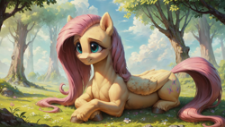 Size: 1920x1088 | Tagged: safe, ai content, derpibooru import, generator:stable diffusion, machine learning assisted, fluttershy, pegasus, pony, g4, blushing, cloud, cute, folded wings, generator:autismmix confetti, grass, hooves, lying down, meadow, ponyloaf, prompter:truekry, prone, shyabetes, sky, smiling, solo, tree, wallpaper, wings