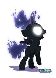 Size: 330x455 | Tagged: safe, artist:sip, derpibooru import, nightmare moon, oc, oc:nyx, alicorn, pony, fanfic:past sins, age progression, age progression imminent, aging, alicorn oc, cropped, ethereal hair, fanfic art, female, female oc, filly, filly oc, foal, glowing, glowing eyes, glowing horn, growth spell, growth spurt, growth spurt imminent, headband, horn, nightmare nyx, older, power overwhelming, shadow, simple background, solo, spread wings, they grow up so fast, this will end in a growth spurt, this will end in age progression, this will end in pain, this will end in tears, this will end in transformation, this will end in trouble, transformation, transformation imminent, transparent background, wardrobe malfunction, wings