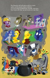 Size: 1331x2048 | Tagged: safe, artist:andypriceart, derpibooru import, idw, applejack, doctor whooves, princess celestia, princess luna, rarity, zecora, alicorn, earth pony, unicorn, zebra, g4, spoiler:comic, spoiler:comic41, angry, bottle, cauldron, dreary, female, grumpy, horn, male, mare, necktie, official comic, plumb bob, rage, royal sisters, siblings, sisters, skull, tongue, tongue out, yelling