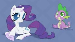 Size: 3658x2084 | Tagged: safe, artist:embla froberg, derpibooru import, rarity, spike, dragon, pony, unicorn, g4, abstract background, duo, female, horn, lying down, male, mare, prone, sitting