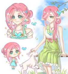 Size: 1282x1401 | Tagged: safe, artist:qiongyu61402, derpibooru import, fluttershy, butterfly, goat, human, chibi, clothes, dress, elf ears, humanized, petting, sky background, smiling, sparkles, tree branch