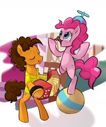 Size: 1460x1754 | Tagged: safe, artist:xinjinjumin718319732303, derpibooru import, cheese sandwich, pinkie pie, earth pony, pony, accordion, balancing, balloon, bipedal, eyes closed, fake moustache, female, hat, male, mare, musical instrument, open mouth, ponyville, propeller hat, simple background, smiling, stallion, white background