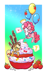 Size: 1800x2800 | Tagged: safe, artist:shedu256, derpibooru import, applejack, pinkie pie, earth pony, pony, apple, balloon, cream, eyes closed, female, floating, food, giant apple, gradient background, grin, heart, mare, open mouth, outline, passepartout, question mark, smiling, speech bubble, then watch her balloons lift her up to the sky, white outline