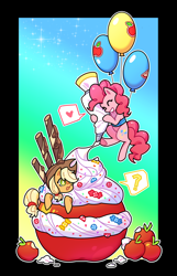 Size: 1800x2800 | Tagged: safe, alternate version, artist:shedu256, derpibooru import, applejack, pinkie pie, earth pony, pony, apple, balloon, cream, eyes closed, female, floating, food, giant apple, gradient background, grin, heart, mare, open mouth, outline, passepartout, question mark, smiling, speech bubble, then watch her balloons lift her up to the sky, white outline