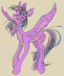 Size: 665x788 | Tagged: safe, artist:eyerealm, derpibooru import, twilight sparkle, twilight sparkle (alicorn), alicorn, pony, g4, curved horn, female, horn, mare, simple background, solo, spread wings, wings