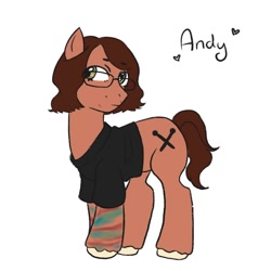Size: 2000x2000 | Tagged: safe, artist:lastmidtownshowmp3, derpibooru import, earth pony, pony, andy hurley, black shirt, brown mane, brown tail, clothes, fall out boy, floating heart, flying, glasses, hazel eyes, heart, looking sideways, name, ponified, shirt, simple background, solo, species swap, standing, t-shirt, tail, unshorn fetlocks, white background, white hooves