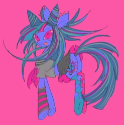 Size: 1173x1185 | Tagged: safe, artist:eyerealm, derpibooru import, earth pony, pony, clothes, danganronpa, danganronpa 2, ear piercing, earring, female, ibuki mioda, jewelry, leg warmers, mare, piercing, pink background, ponified, sailor uniform, school uniform, simple background, skirt, socks, solo, species swap, uniform