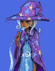 Size: 1512x1959 | Tagged: safe, artist:eyerealm, derpibooru import, trixie, human, blue background, cape, clothes, dark skin, ear piercing, earring, female, hat, humanized, jewelry, piercing, simple background, solo, trixie's cape, trixie's hat, wand