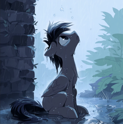 Size: 1776x1780 | Tagged: safe, ai content, derpibooru import, generator:novelai, generator:stable diffusion, machine learning generated, oc, oc only, pegasus, pony, brick wall, ears, floppy ears, frown, looking up, male, outdoors, pegasus oc, plant, puddle, rain, sad, sitting, sky, solo, stallion