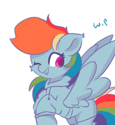 Size: 646x704 | Tagged: safe, artist:skylinepony_, derpibooru import, rainbow dash, pegasus, pony, g4, clothes, cute, female, flying, looking at you, mare, one eye closed, simple background, smiling, solo, spread wings, white background, wings
