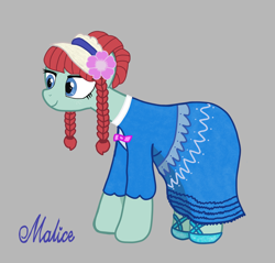 Size: 2300x2200 | Tagged: safe, artist:malice-may, derpibooru import, oc, oc only, oc:maretha geldhorn, earth pony, pony, blue eyes, braid, clothes, dress, earth pony oc, female, flower, flower in hair, freckles, gray background, green fur, hat, pathfinder, red hair, redhead, reporter, shoes, simple background, solo