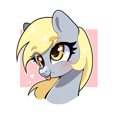 Size: 2037x1918 | Tagged: safe, artist:bizarre_pony, derpibooru import, derpy hooves, pegasus, pony, :p, abstract background, blushing, bust, cute, derpabetes, female, heart, mare, portrait, simple background, solo, tongue, tongue out, white background
