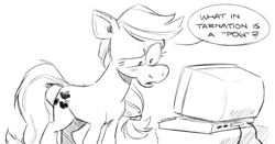 Size: 1019x535 | Tagged: safe, artist:mellodillo, derpibooru import, applejack, earth pony, pony, computer, female, mare, pog, simple background, sketch, solo, speech bubble, text, white background