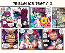 Size: 3508x2834 | Tagged: safe, artist:dsana, derpibooru import, fizzlepop berrytwist, tempest shadow, oc, oc:blue candy, oc:bolt thundercloud, oc:lullaby dusk, oc:minty mint, oc:thistledown, earth pony, pegasus, pony, unicorn, comic:a storm's lullaby, adopted, adopted daughter, beanie, blanket, blanket burrito, clothes, colt, earmuffs, female, filly, foal, hat, heterochromia, horn, indoors, male, mare, mother and child, mother and daughter, parent and child, snow, snowfall, winter outfit