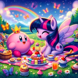 Size: 1024x1024 | Tagged: safe, ai content, artist:user15432, derpibooru import, generator:bing image creator, generator:dall-e 3, machine learning generated, twilight sparkle, twilight sparkle (alicorn), alicorn, butterfly, pony, g4, alternate cutie mark, basket, cake, cherry, cloud, crossover, crown, cup, cupcake, eyes closed, flower, food, fruit, jewelry, juice, kirby, kirby (series), mountain, open mouth, orange juice, picnic, picnic basket, picnic blanket, prompter:user15432, rainbow, regalia, stars, strawberry, tea, teacup, tree