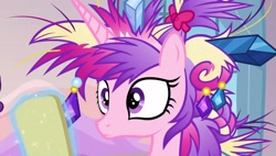 Size: 1920x1088 | Tagged: safe, derpibooru import, screencap, princess cadance, alicorn, pony, g4, games ponies play, season 3, colored pupils, crystal empire, cute, cutedance, female, hairstyle, mare, messy mane, multicolored hair, multicolored mane, ruined, solo, wide eyes