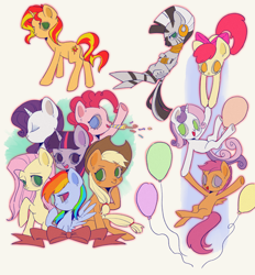 Size: 1966x2120 | Tagged: safe, artist:nimingxiwang168, derpibooru import, apple bloom, applejack, fluttershy, pinkie pie, rainbow dash, rarity, scootaloo, sunset shimmer, sweetie belle, twilight sparkle, zecora, earth pony, pegasus, pony, unicorn, zebra, balloon, cutie mark crusaders, female, filly, foal, horn, mane six, mare, simple background, white background