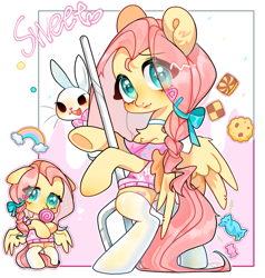 Size: 1369x1440 | Tagged: safe, artist:modidechaojifensi, derpibooru import, angel bunny, fluttershy, pegasus, pony, rabbit, :3, abstract background, alternate hairstyle, animal, bipedal, blushing, bowtie, candy, clothes, cookie, eye clipping through hair, female, food, lollipop, mare, shirt, socks, text