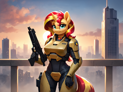 Size: 2048x1536 | Tagged: safe, ai content, derpibooru import, generator:pony diffusion v6 xl, generator:stable diffusion, machine learning generated, sunset shimmer, anthro, armor, city, cityscape, gun, halo series, looking at you, power armor, prompter:demose, solo, weapon