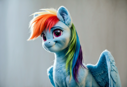 Size: 2432x1664 | Tagged: safe, ai content, derpibooru exclusive, derpibooru import, generator:pony diffusion v6 xl, generator:stable diffusion, machine learning generated, rainbow dash, pegasus, pony, g4, bust, chest fluff, ear fluff, ears, fluffy, photorealistic, portrait, prompter:greenvoid, solo