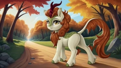 Size: 2560x1440 | Tagged: safe, ai content, derpibooru import, machine learning generated, autumn blaze, kirin, g4, blazebutt, butt, dirt road, female, forest, generator:autismmix confetti, grass, looking at you, looking back, looking back at you, nature, plot, prompter:siber, rear view, rock, scenery, smiling, smiling at you, solo, tree, walking, wallpaper