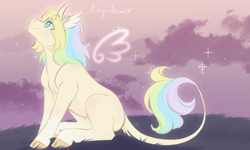 Size: 2000x1200 | Tagged: safe, artist:acry-artwork, derpibooru import, oc, oc only, oc:acry, oc:acry weaver, original species, pony, unicorn, cloud, cloven hooves, curved horn, grass, horn, sitting, solo