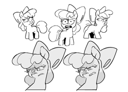Size: 1952x1405 | Tagged: safe, artist:kyssimmee, derpibooru import, apple bloom, earth pony, pony, g4, bow, doodle dump, expressions, eyebrows, eyebrows visible through hair, female, filly, foal, frown, grayscale, hair bow, missing cutie mark, monochrome, narrowed eyes, no catchlights, open frown, raised eyebrow, shrunken pupils, simple background, solo, teeth, white background