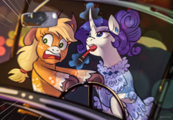 Size: 2048x1423 | Tagged: safe, artist:churrokat, derpibooru import, applejack, rarity, earth pony, pony, unicorn, g4, alternate design, alternate hairstyle, applejack's hat, applying makeup, blonde, blonde mane, blue dress, blue eyes, body freckles, car, clothes, coat markings, colored fetlocks, colored hooves, colored muzzle, cowboy hat, curly hair, curly mane, curved horn, detailed background, dress, driving, duo, duo female, ear piercing, earring, eyelashes, eyeshadow, female, freckles, frilly dress, glowing, glowing horn, gown, hat, hoof hold, horn, imminent crash, jewelry, leg fluff, leg freckles, lesbian, lidded eyes, lipstick, looking at something, looking up, magic, makeup, mare, meme redraw, motion blur, open mouth, piercing, ponytail, purple mane, raised hoof, raised leg, rarijack, redesign, redraw, shipping, shrunken pupils, signature, socks (coat marking), sparkly dress, teeth, telekinesis, this will end in pain and/or death, tied mane, underhoof, unicorn horn, unshorn fetlocks, wall of tags, white coat, wingding eyes