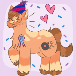 Size: 1920x1920 | Tagged: safe, artist:clandestine, derpibooru exclusive, derpibooru import, earth pony, pony, animated, badge, beard, birthday, blaze (coat marking), brown hooves, brown mane, brown tail, coat markings, colored pinnae, confetti, emanata, eyes closed, facial hair, facial markings, fall out boy, floating heart, gif, glasses, hat, heart, hoofy-kicks, open mouth, open smile, orange coat, party hat, patrick stump, ponified, purple background, ribbon, simple background, smiling, solo, species swap, spots, stimming, stubble, tail, unshorn fetlocks
