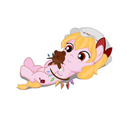 Size: 2377x2318 | Tagged: safe, artist:fish_meow, derpibooru import, pony, female, filly, flandre scarlet, foal, hat, plushie, ponified, species swap, teddy bear, touhou
