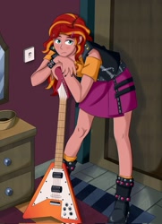 Size: 1482x2048 | Tagged: safe, artist:ashleysponies, derpibooru import, sunset shimmer, human, equestria girls, g4, carpet, clothes, electric guitar, female, green eyes, guitar, human coloration, light switch, lighting, looking at you, mirror, musical instrument, room, shading, shirt, shoes, skirt, two toned hair, vest