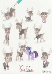 Size: 1203x1702 | Tagged: safe, artist:opti, derpibooru import, twilight sparkle, oc, oc:fair use, alicorn, deer, deer pony, hybrid, original species, pony, antlers, boop, deer oc, drawing, looking up, necktie, non-pony oc, pencil, sitting, sketch, traditional art