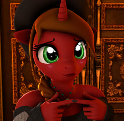 Size: 777x761 | Tagged: safe, artist:alcohors, derpibooru import, oc, oc:essy ferguson, anthro, pony, unicorn, 3d, brown mane, clothes, female, fingers together, green eyes, hat, horn, is for me, mare, red coat, solo, starry eyes, sweater, wingding eyes