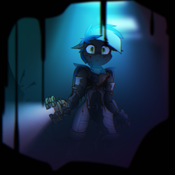 Size: 2100x2100 | Tagged: safe, artist:deafjaeger, derpibooru import, oc, oc only, oc:toothy horizon, anthro, dragon, hybrid, pony, armor, bipedal, blood, dead space, ears back, flashlight (object), looking at you, plasma cutter, scared, surprised