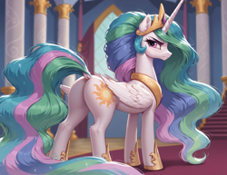 Size: 2240x1728 | Tagged: safe, ai content, derpibooru import, generator:pony diffusion v6 xl, generator:stable diffusion, machine learning generated, princess celestia, alicorn, pony, g4, annoyed, anonymous prompter, butt, dock, featureless crotch, female, looking at you, looking back, looking back at you, mare, plot, rear view, sunbutt, tail, unamused