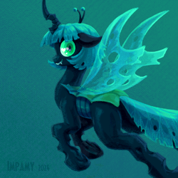 Size: 1000x1000 | Tagged: safe, artist:impamy, derpibooru import, oc, oc only, oc:changeling filly anon, changeling, changeling queen, changeling oc, changeling queen oc, dithering, fangs, female, flying, gradient background, horn, insect wings, looking at you, looking back, mare, slit eyes, smiling, smiling at you, solo, tail, teeth, wings