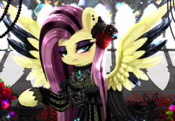 Size: 2600x1800 | Tagged: safe, artist:darksly, derpibooru import, angel bunny, fluttershy, pegasus, pony, architecture, brooch, cathedral, clothes, colored wings, complex background, dress, dyed hair, ear piercing, eyelashes, eyeliner, eyeshadow, flower, flower in hair, fluttergoth, frown, gothic, green eyes, highlights, jewelry, lace, lidded eyes, light source, makeup, mesh, piercing, purple eyeshadow, raised hoof, raised leg, sneer, solo, spread wings, two toned mane, two toned wings, wings