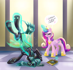 Size: 4960x4768 | Tagged: safe, artist:lytlethelemur, derpibooru import, princess cadance, queen chrysalis, alicorn, changeling, changeling queen, pony, abuse, chrysabuse, duo, dustpan, female, magic, mare, punish the villain, queen chrysalis is not amused, sweeping, sweepsweepsweep, telekinesis, unamused