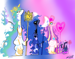 Size: 1424x1124 | Tagged: safe, artist:11dbh, derpibooru import, princess celestia, princess luna, twilight sparkle, anthro, snake, alternate universe, blue eyes, brooch, cloak, cloaked, clothes, cutie mark on clothes, gradient background, jewelry, mottled coat, multiple limbs, purple eyes, redesign, reptile, scales, size chart, size comparison, size difference, skink, species swap, staff, two toned coat