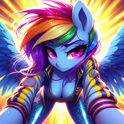Size: 1024x1024 | Tagged: safe, ai content, derpibooru import, generator:dall-e 3, machine learning generated, rainbow dash, anthro, g4, blushing, breasts, clothes, eyebrows, female, jacket, leaning, leaning forward, leggings, looking at you, prompter:glimmy-glam, raised eyebrow, selfie, simple background, smiling, smirk, solo, solo female, spread wings, wings