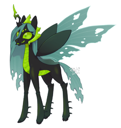 Size: 1990x2096 | Tagged: safe, artist:paichitaron, derpibooru import, queen chrysalis, changeling, changeling queen, g4, alternate design, fangs, female, green sclera, outline, simple background, slit eyes, solo, spread wings, transparent background, white outline, wings