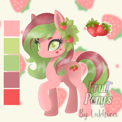Size: 3543x3543 | Tagged: safe, artist:lukhica, derpibooru import, oc, earth pony, pony, adoptable, adoption, auction, auction open, food, solo, strawberry